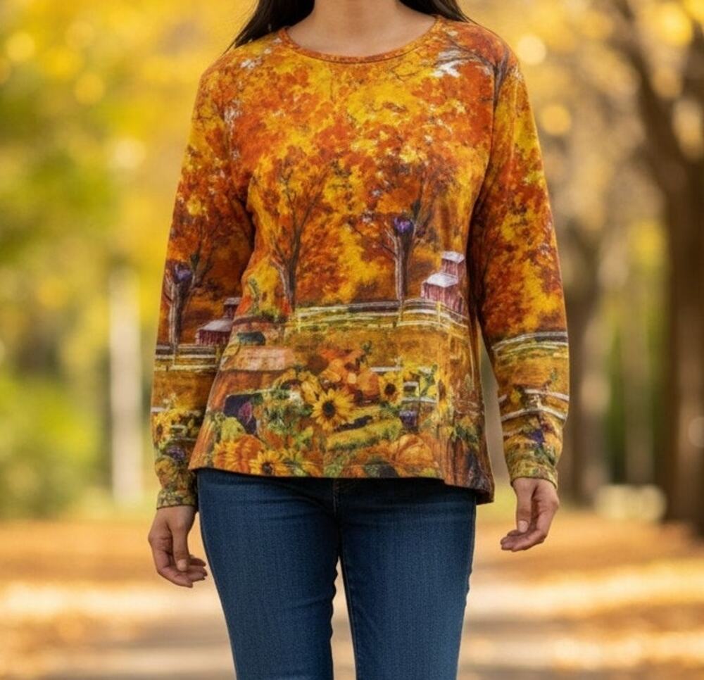 Gloria Vanderbilt Women's Medium Fall Farm Scene Trees Graphic Top